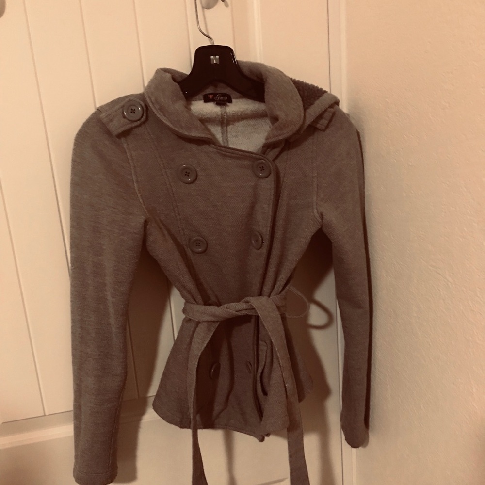women's peacoat, guess, grey, S, detachable hood